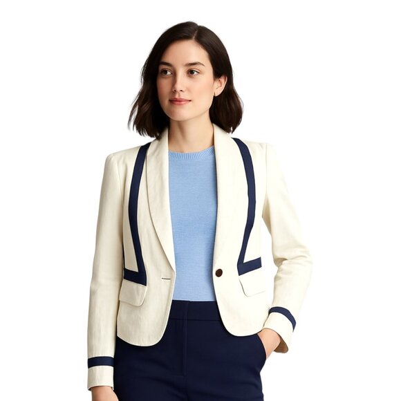Ann Taylor LOFT Blazer Womens 4 Cream Navy Trim One Button Cotton Jacket Preppy - Picture 1 of 14